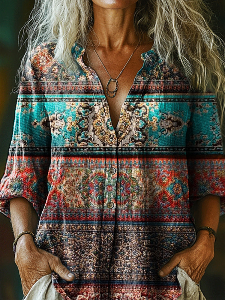 Women's Vintage Ethnic Floral Art Print Casual Cotton Linen Shirt