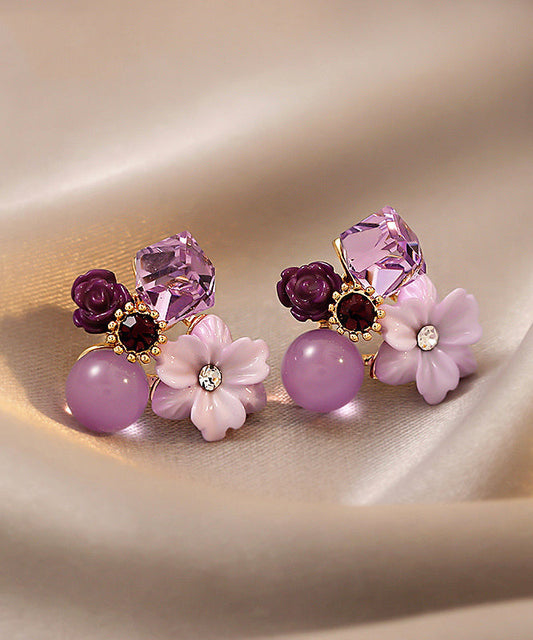 Modern Purple Stergild Silver Overgild Crystal Petal Stud Earrings