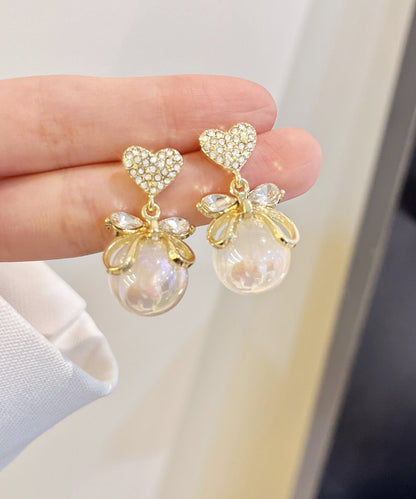 Gold Alloy Zircon Pearl Bow Love Drop Earrings