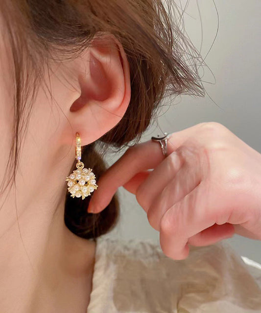 Gold Copper Overgild Zircon Spherical Pearl Drop Earrings