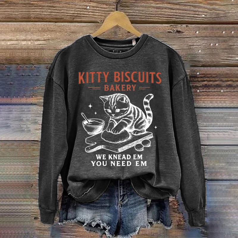 Women's  Cute Kitty Biscuits Bakery Print Sweatshirt elevenforest