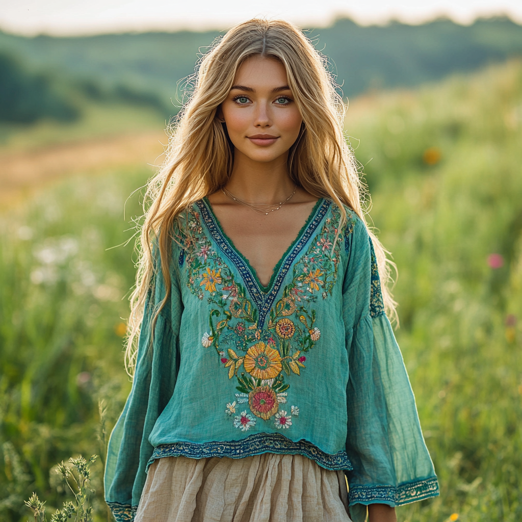 Comstylish Vintage Floral Embroidery Linen V-neck Shirt