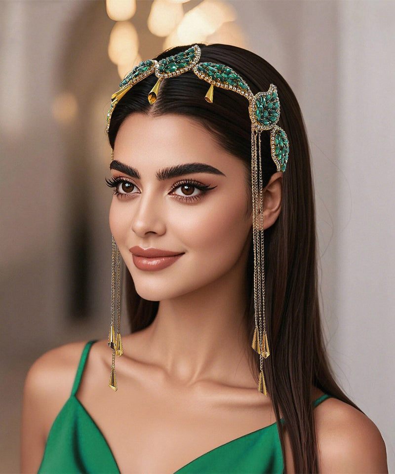 Vogue Green Alloy Zircon Leaf Tassel Hairpiece