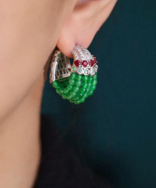 Green Sterling Silver Beading Hoop Earrings