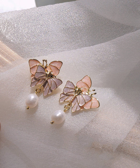 Colorblock Sterling Silver Overgild Pearl Butterfly Drop Earrings