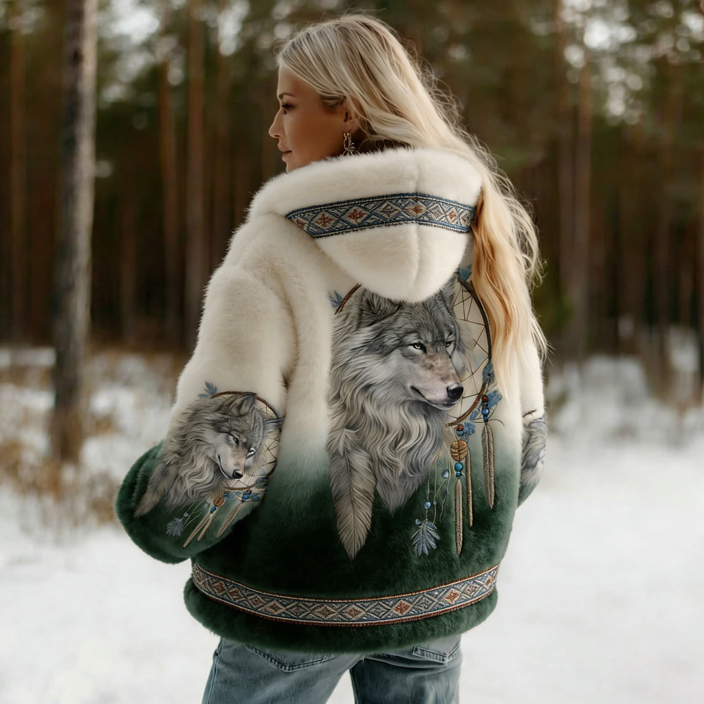 Comstylish Women's Vintage Wolf Art Knit Cozy Flannel Hoodie