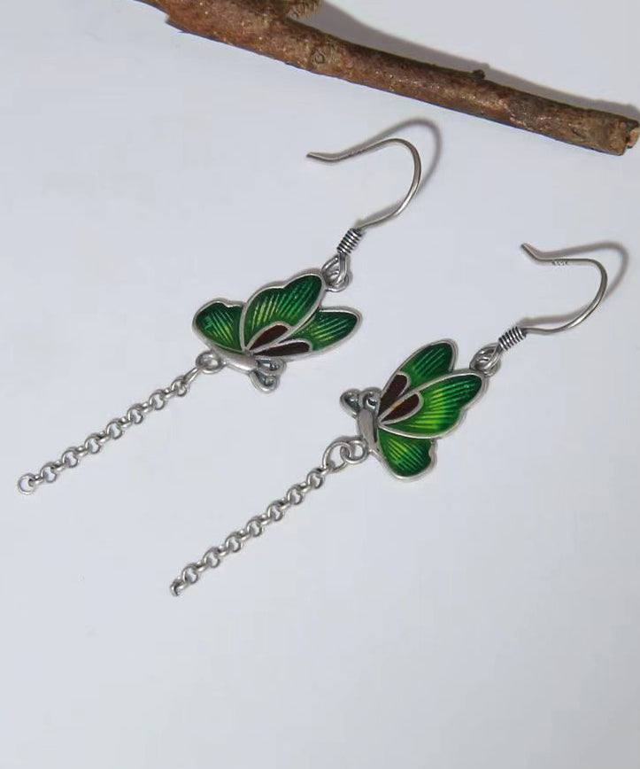 Green Butterfly Patchwork Silver Drop Earrings