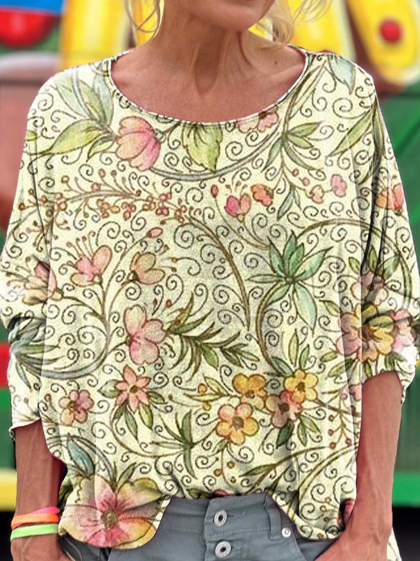 Women's Vintage Flower Art Print Casual Long Sleeve T-shirt