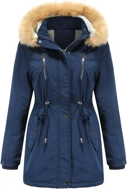 LM | long coat with faux fur hood and fleece lining
