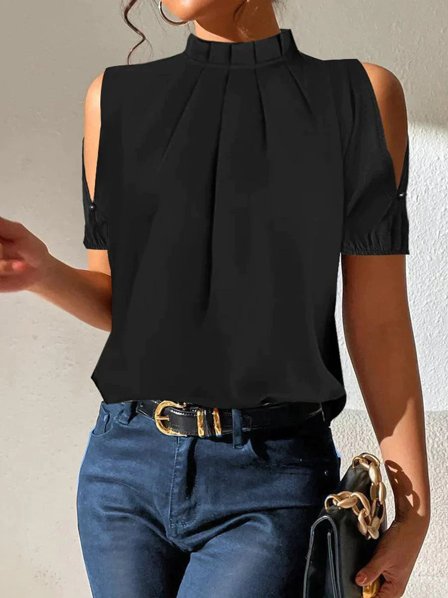 LM | Chic black pleated top with open sleeves