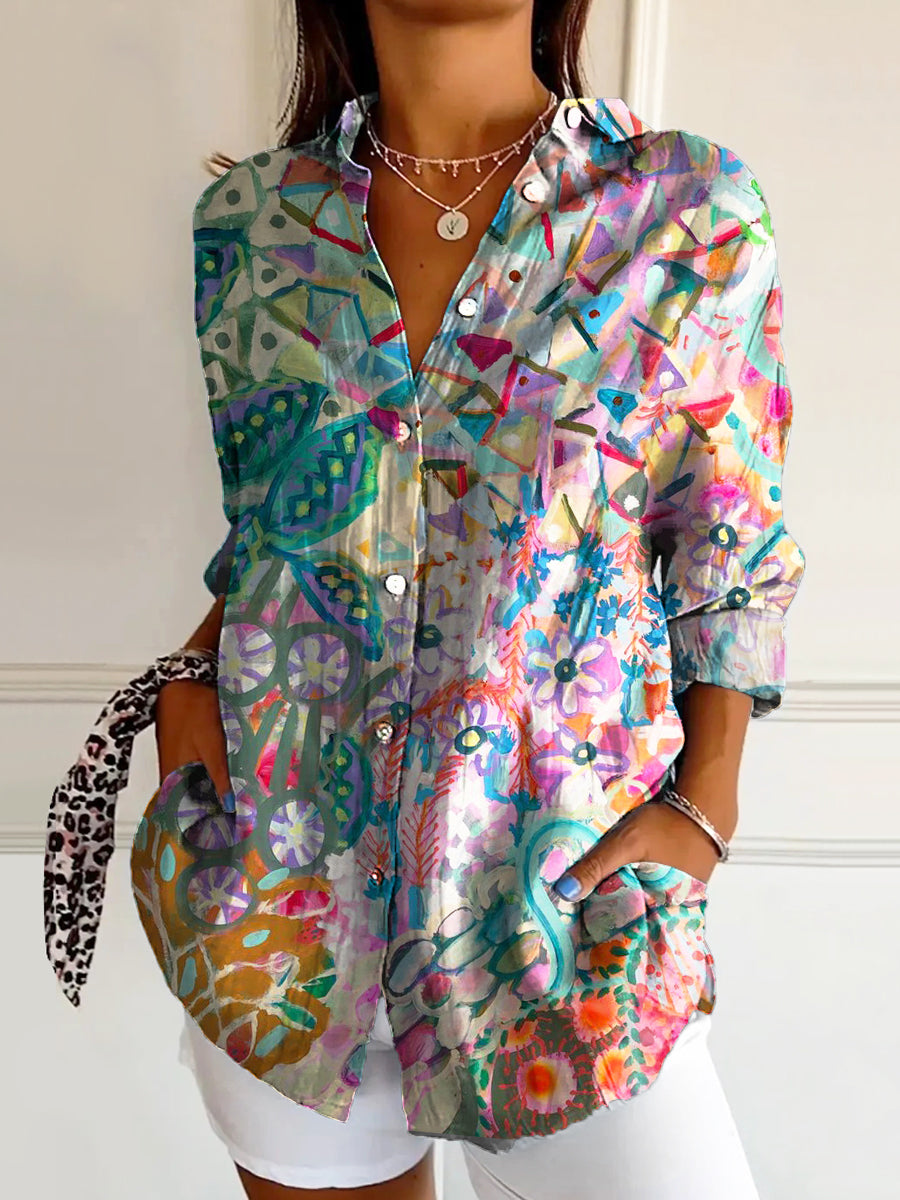 Women's Art Floral Hippie Print Long Sleeve Shirt