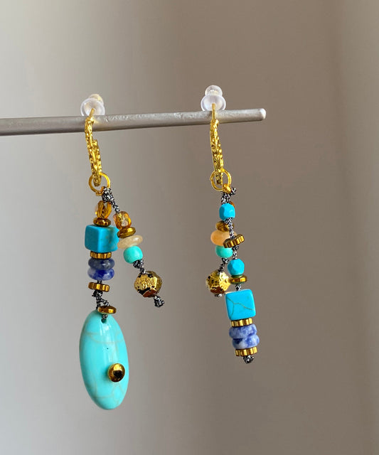 Copper Overgild Asymmetrical Natural Stone Drop Earrings