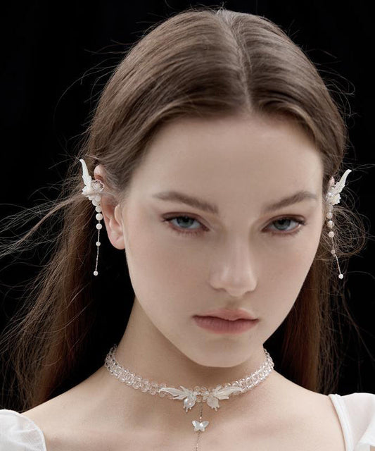 White Srerling Silver Butterfly Wings Tassel Drop Earrings