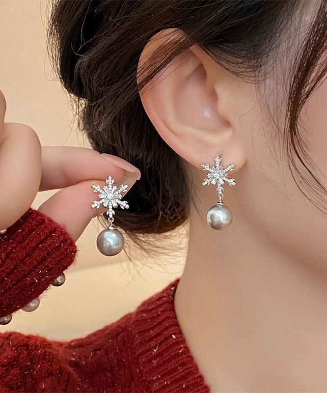 Diy Grey Copper Snowflake Pearl Drop Earrings