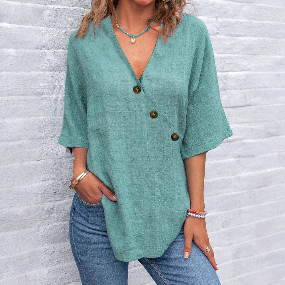 Women's Solid Color Button Linen V-neck T-shirt artswardrobe