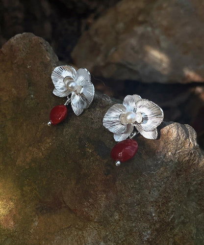 Fine Red Sterling Silver Pearl Red Beans Drop Earrings