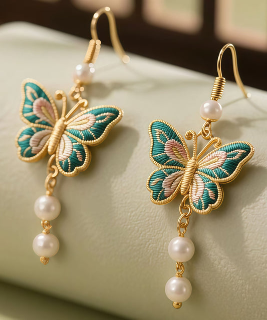 Retro Gold Sterling Silver Overgild Butterfly Enamel Tassel Drop Earrings