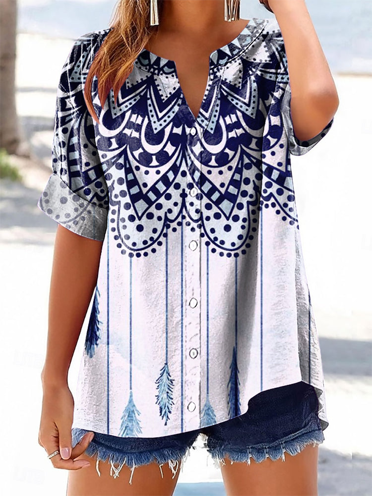 Women's Mandala Tassel Pattern Art Print Cotton Linen Casual Shirt