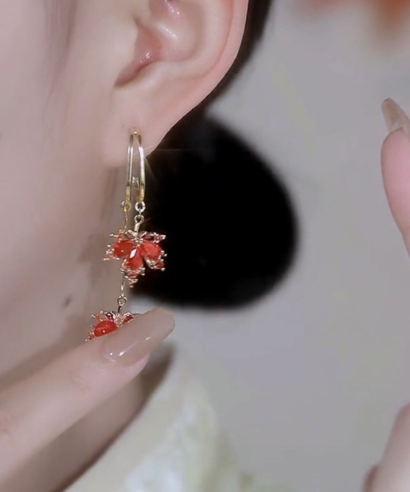 Modern Red Copper Overgild Maple Leaves Tassel Drop Earrings