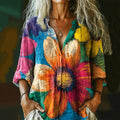 Women's Colorful Tie-dye Sunflower Art  Casual Linen Shirt artswardrobe