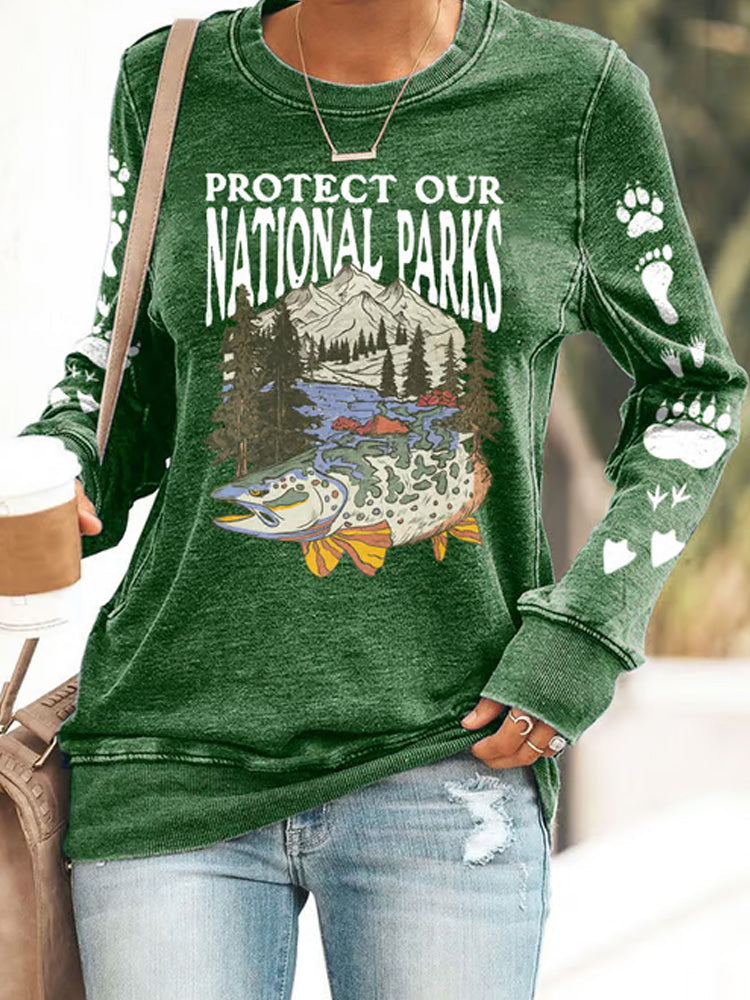 Comstylish Women's Protect Our National Parks Print Round Neck Sweatshirt