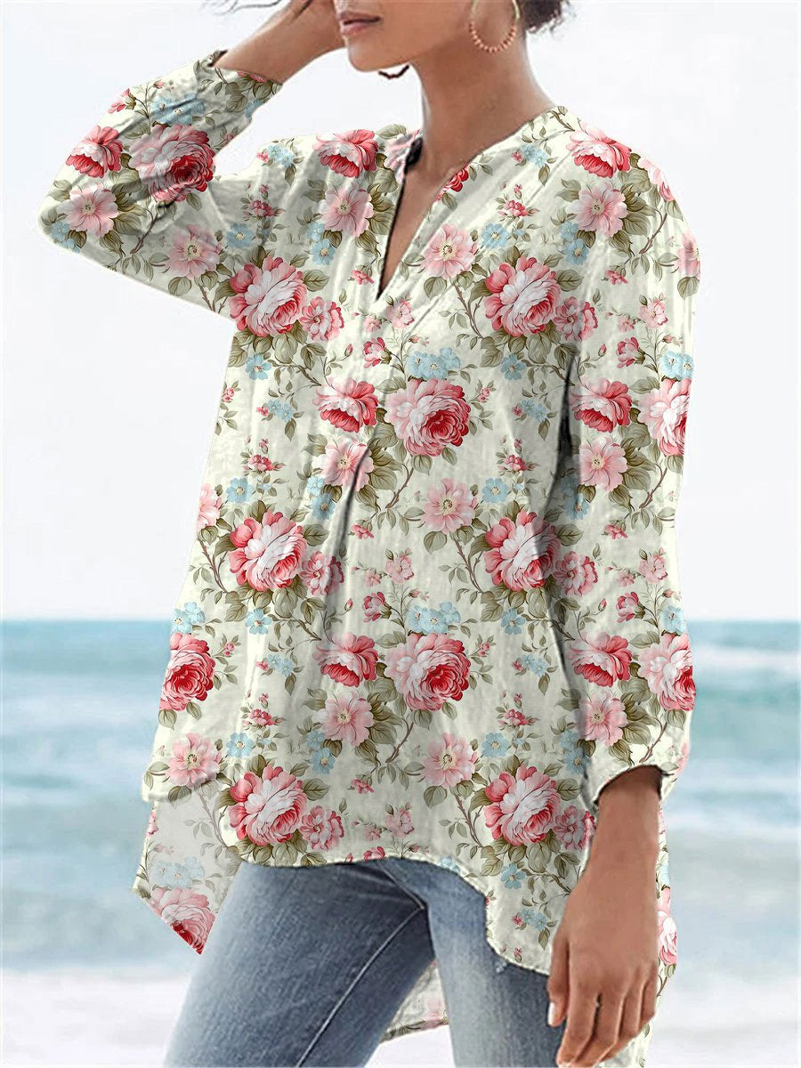 Vintage Style Romantic Rose Pattern Printed Women's Casual Linen V-neck Shirt