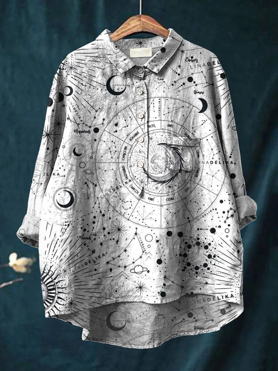 Women's Galaxy Art Print Casual Cotton And Linen Shirt