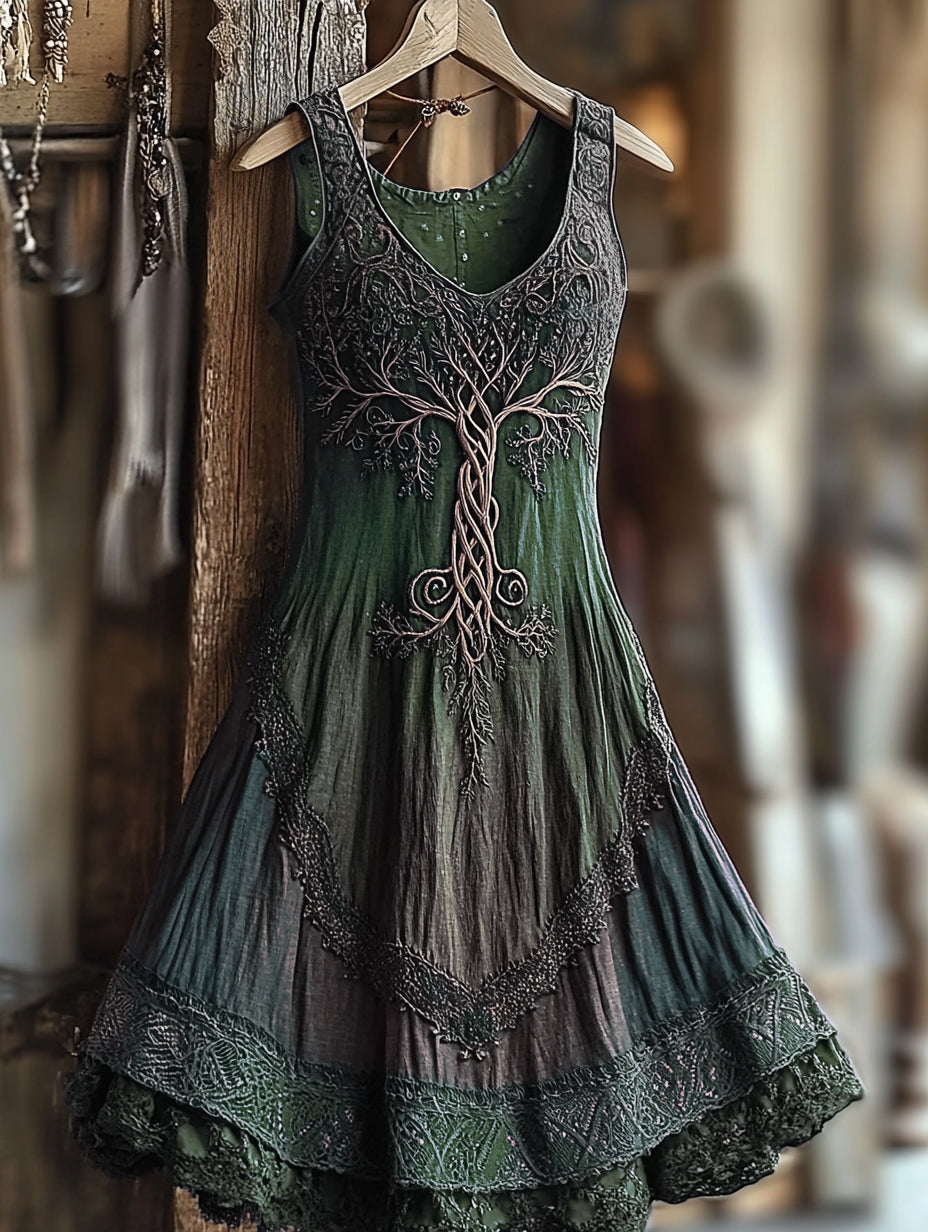 Women's Vintage  Viking Tree Of Life Gradient Linen Dress artswardrobe