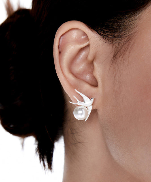 Original Design Little Bird Pearl Silver Stud Earrings