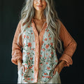 Comstylish Women's Retro Loose Bohemia Floral Contrast Panel Print Casual Shirt