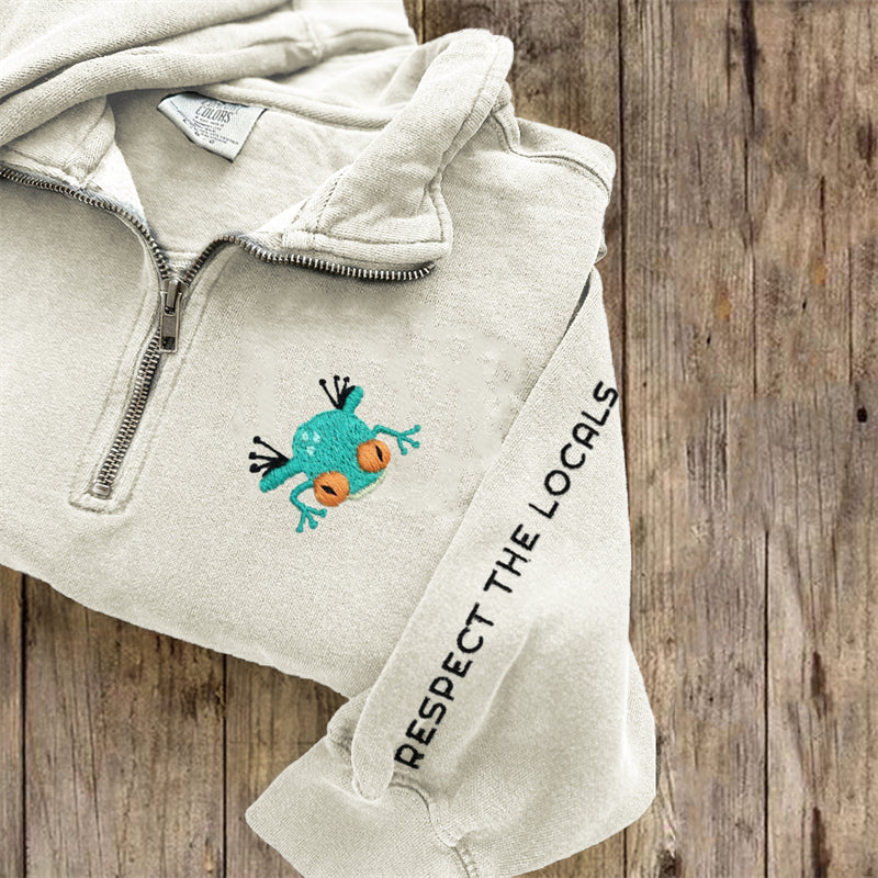 Comstylish Respect The Locals Frog Embroidered Zip Up Sweatshirt