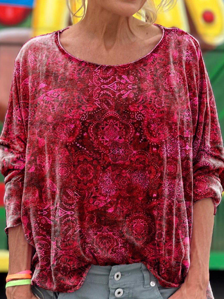 Women's Vintage Ethnic Floral Art Print Casual Long Sleeve T-shirt