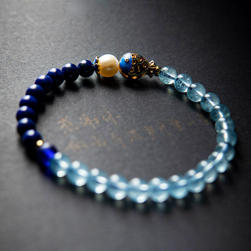 Buddha Stones Natural Aquamarine Lazurite Lapis Lazuli Fish Healing Bracelet