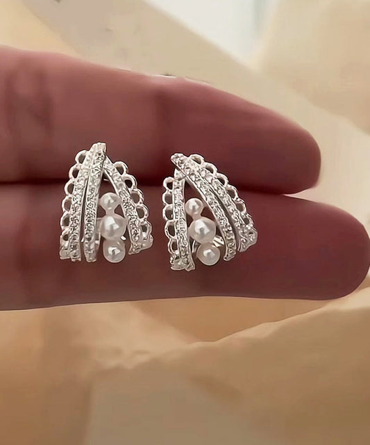 Original Design Silk Copper Lace Pearl Hollow Out Hoop Earrings