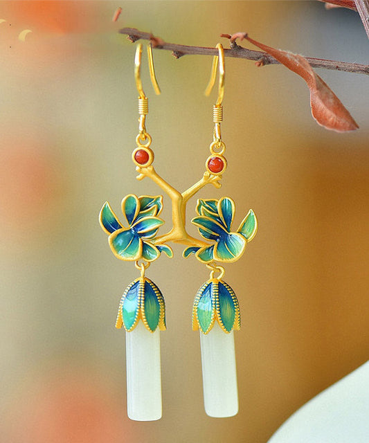 Blue Sterling Silver Jade Agate Enamel Drop Earrings