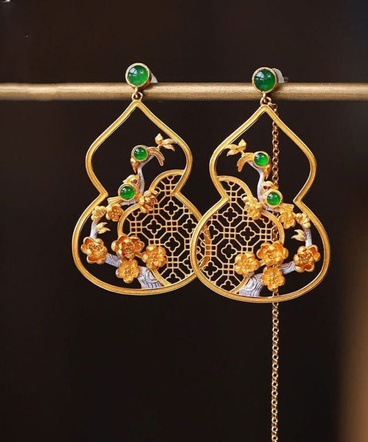Gold Sterling Silver Overgild Jade Hollowed Out Drop Earrings