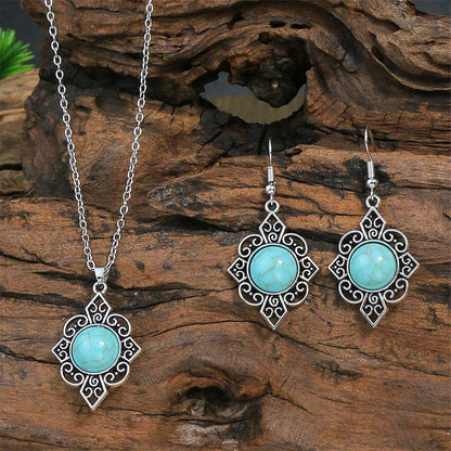 Court Geometric Carved Turquoise Diamond Earrings Necklace Set