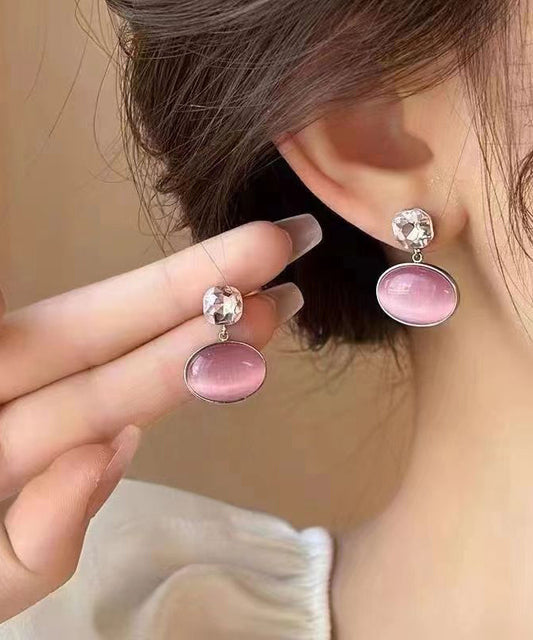 Pink Alloy Zircon Cat's Eye Stone Drop Earrings