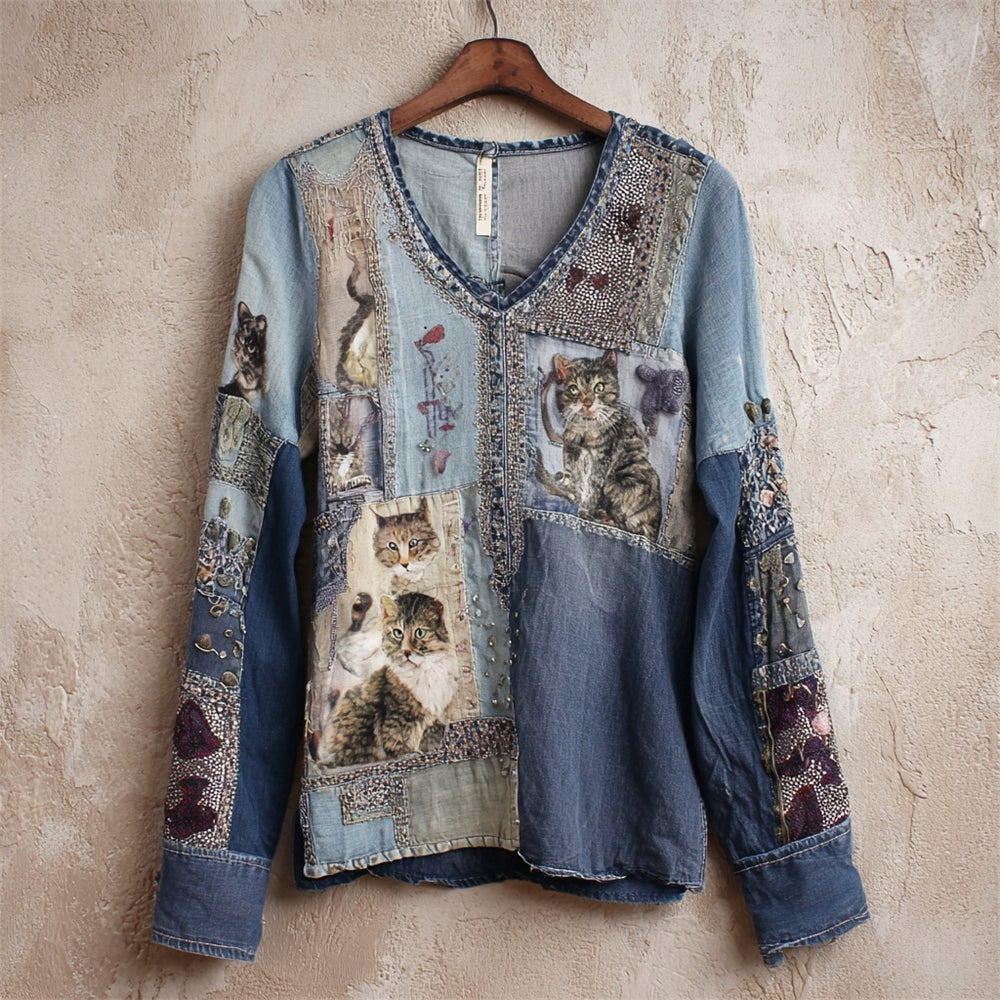 Shabby Patchwork Denim Cat With Sequins Women's V-neck Long Sleeve T-shirt elevenforest