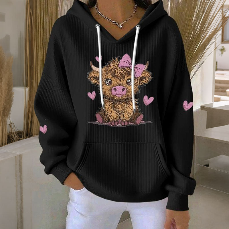 Comstylish Women's Cute Heart Highland Cow Print Long Sleeve Casual Hoodie