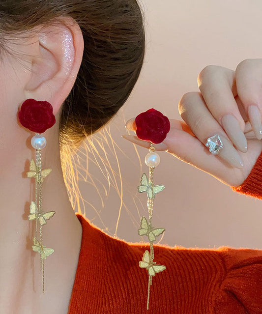 New Red Copper Overgild Pearl Velvet Butterfly Tassel Drop Earrings