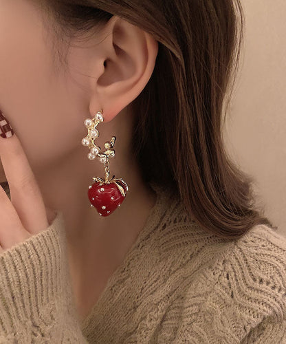 Red Alloy Zircon Jade Strawberry Drop Earrings