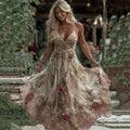 Women's Vintage Rose Embroidery Art V-neck Suspender Maxi Dress artswardrobe