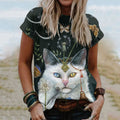 Tribal Viking Cat Print Short Sleeve T-Shirt elevenforest