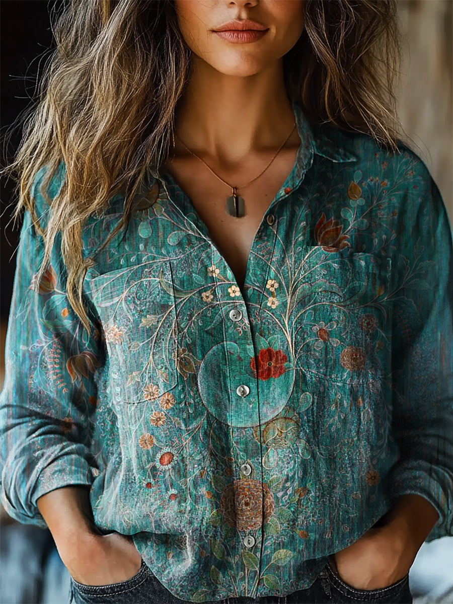 Women's Vintage Floral Art Print Casual Long Sleeve Comfortable Cotton