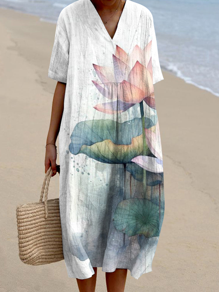 Stylish Water Lily Art Pattern V-Neck Dress
