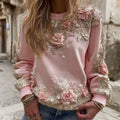 Comstylish Women's Pink Rose Embroidery Art Round Neck Long Sleeve Sweatshirt