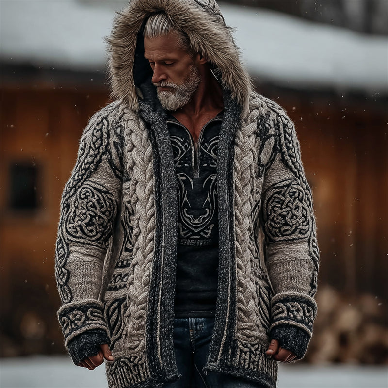 Men's Viking Celtic Knot Cozy Fur Hooded Chunky Cardigan elevenforest
