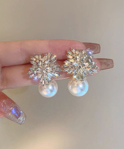 Stylish White Alloy Pearl Zircon Stud Earrings