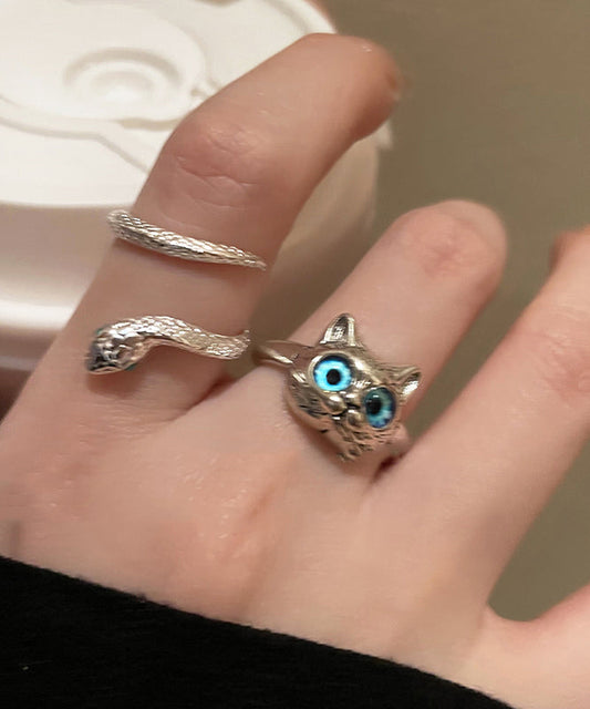 Blue Alloy Glass Little Cats and Snake Rings Two Pieces Set